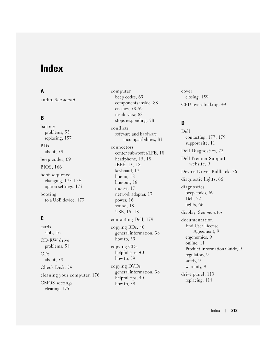 Dell XPS 720 owner manual 213, Index 