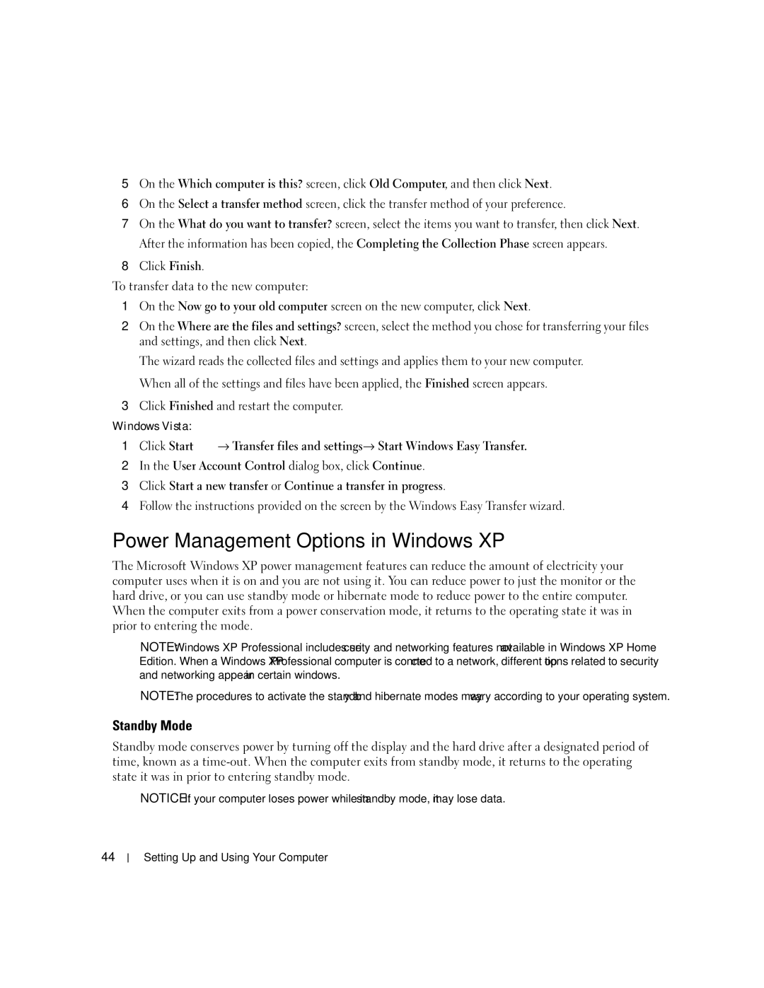 Dell XPS 720 owner manual Power Management Options in Windows XP, Standby Mode, To transfer data to the new computer 