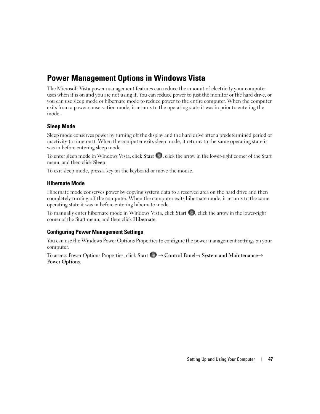 Dell XPS 720 owner manual Power Management Options in Windows Vista, Sleep Mode, Configuring Power Management Settings 