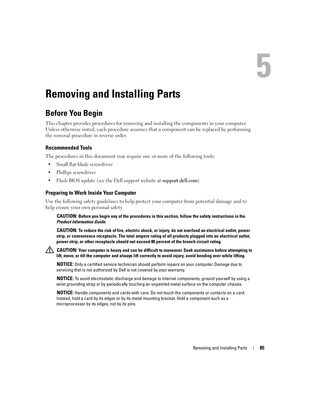 Dell XPS 720 Before You Begin, Recommended Tools, Preparing to Work Inside Your Computer, Removing and Installing Parts 