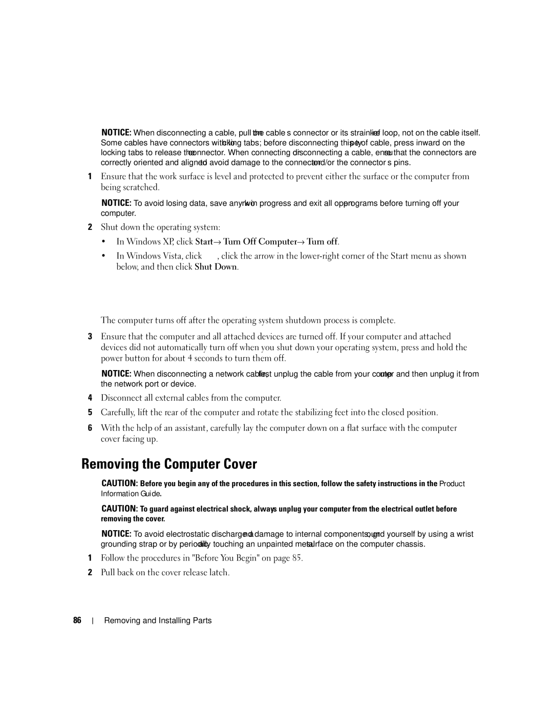 Dell XPS 720 owner manual Removing the Computer Cover, Windows XP, click Start→ Turn Off Computer→ Turn off 