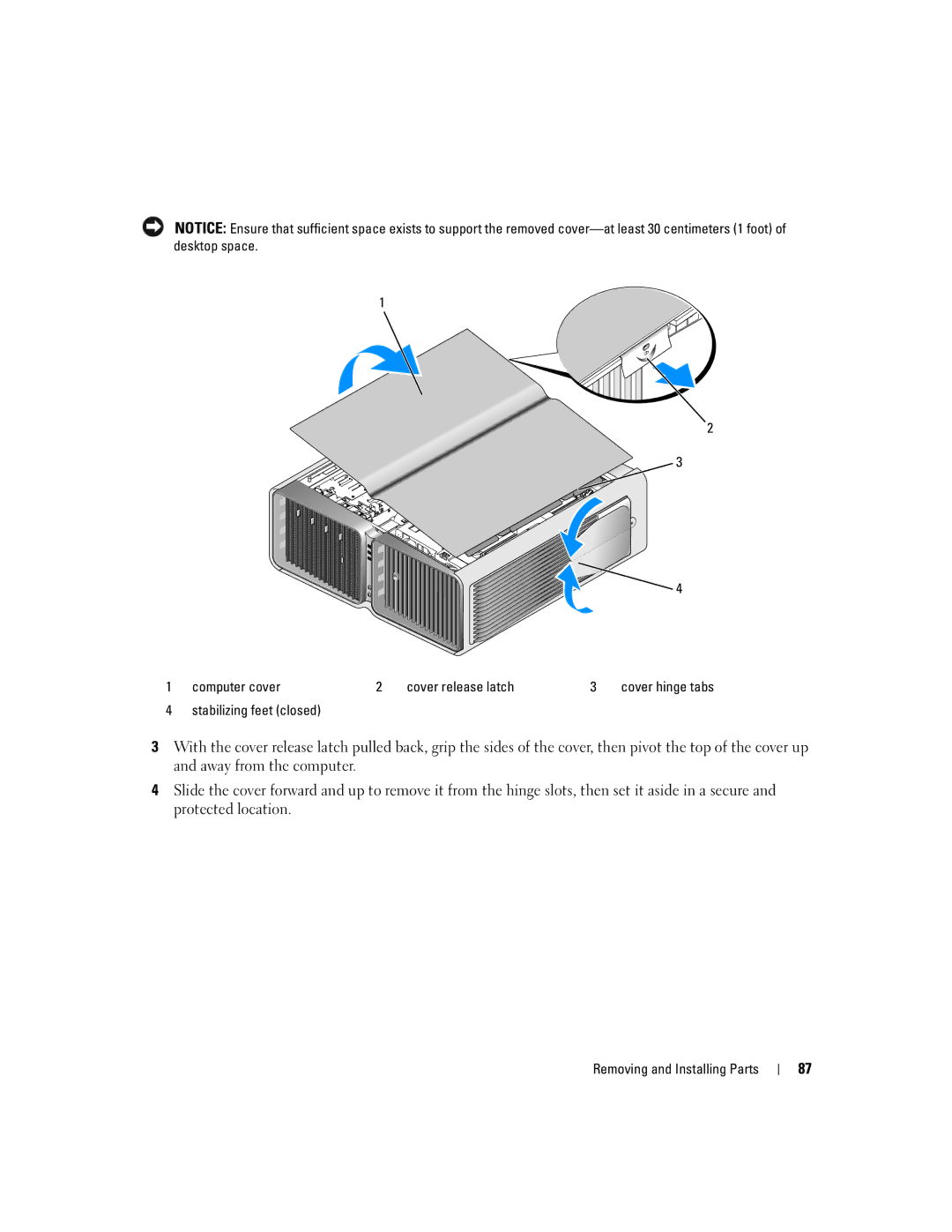 Dell XPS 720 owner manual Computer cover Cover release latch, Stabilizing feet closed 