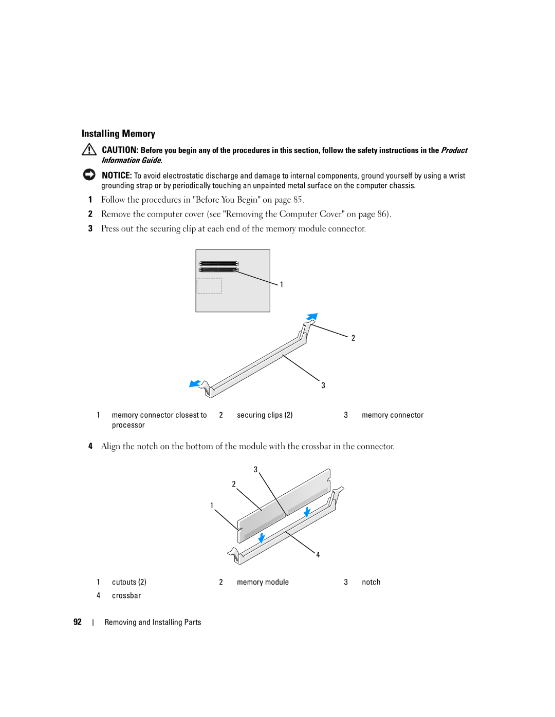 Dell XPS 720 Installing Memory, Memory connector closest to Securing clips, Processor, Cutouts Memory module 