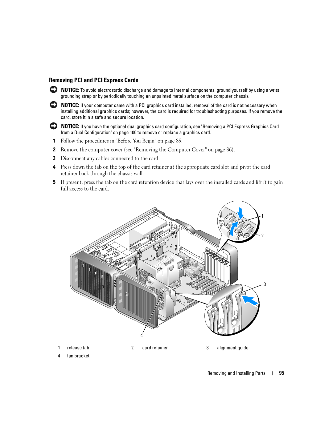 Dell XPS 720 Removing PCI and PCI Express Cards, Release tab Card retainer, Fan bracket Removing and Installing Parts 