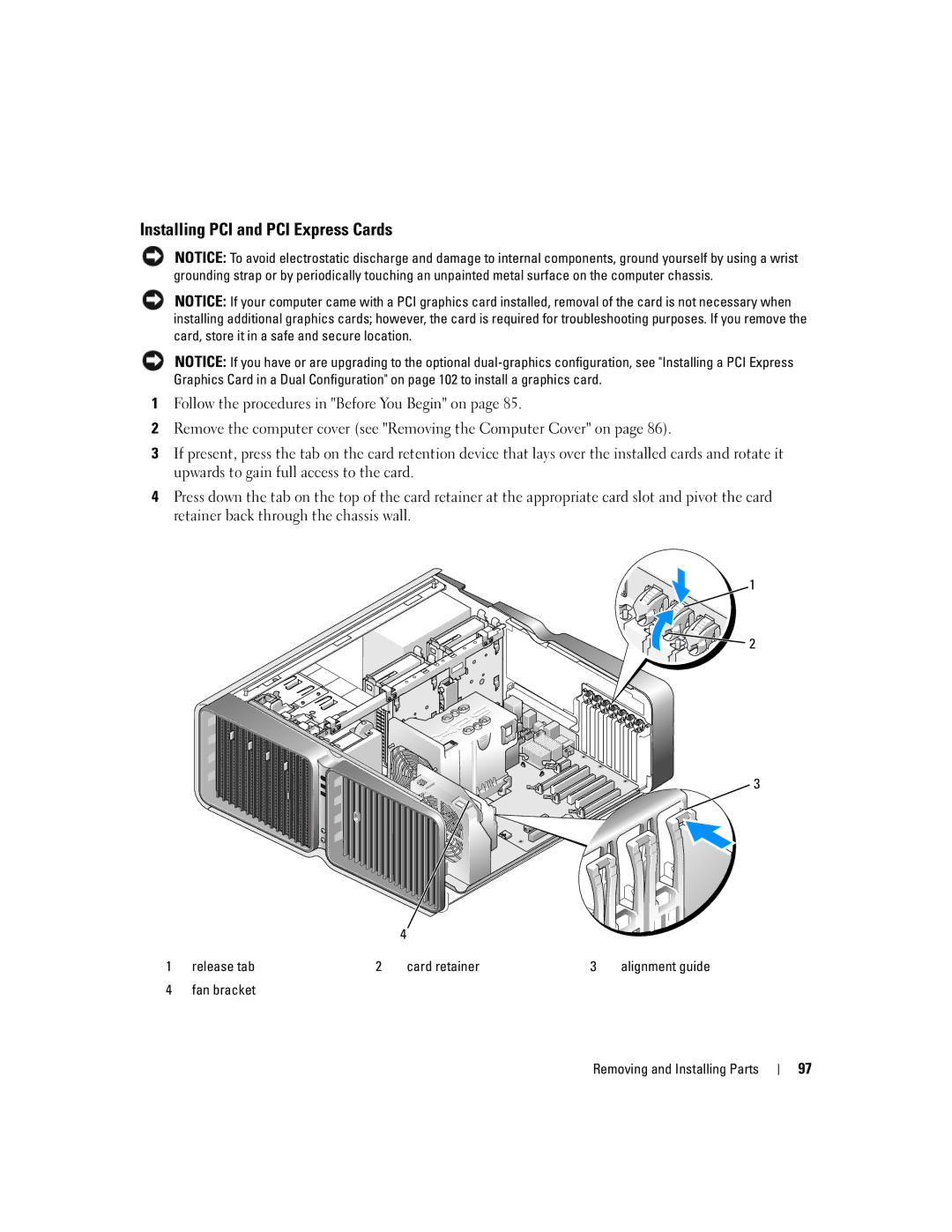 Dell XPS 720 owner manual Installing PCI and PCI Express Cards 