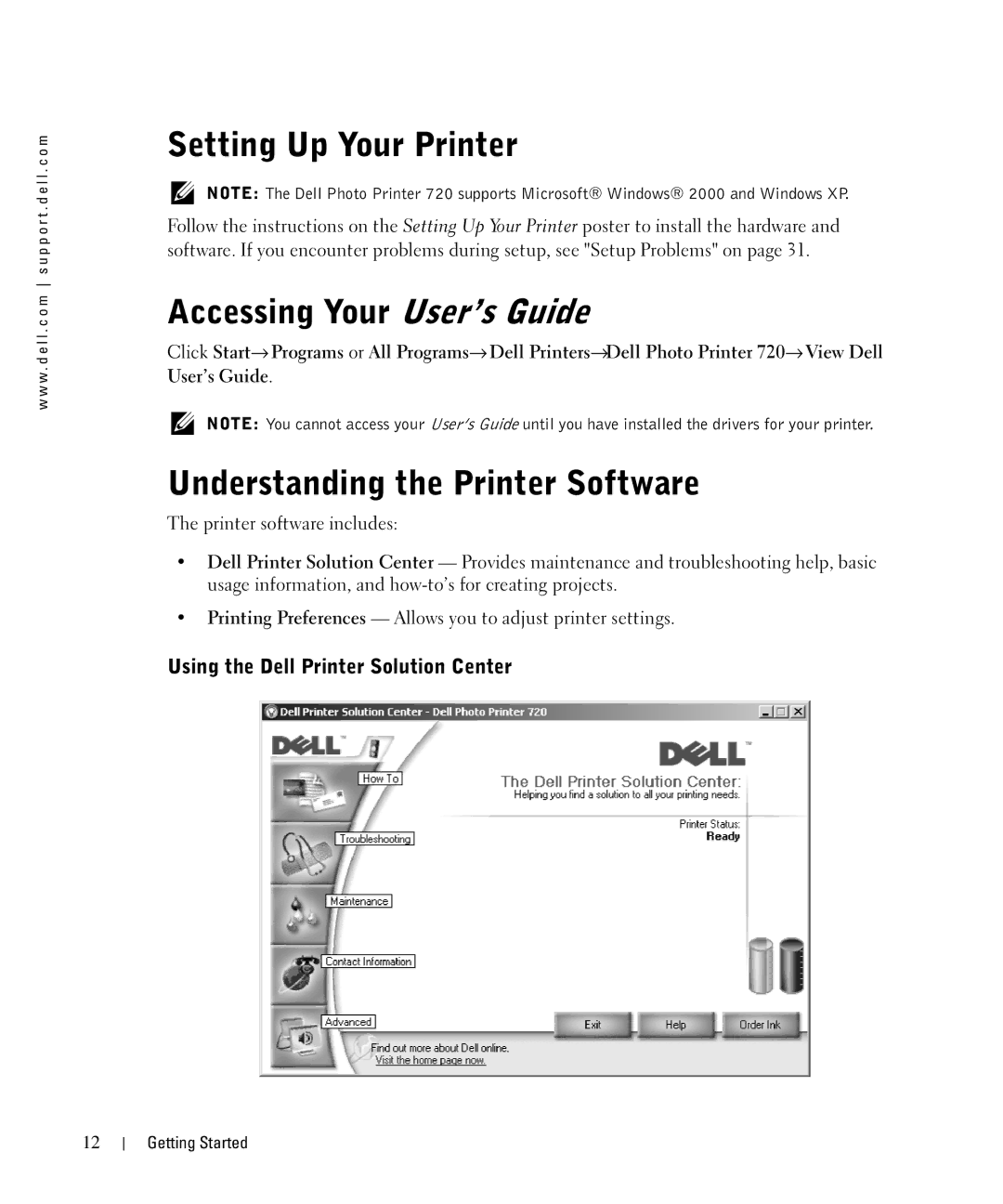 Dell 720 owner manual Setting Up Your Printer, Accessing Your User’s Guide, Understanding the Printer Software 