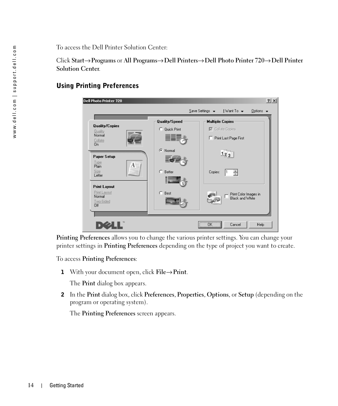 Dell 720 owner manual Using Printing Preferences, To access Printing Preferences 