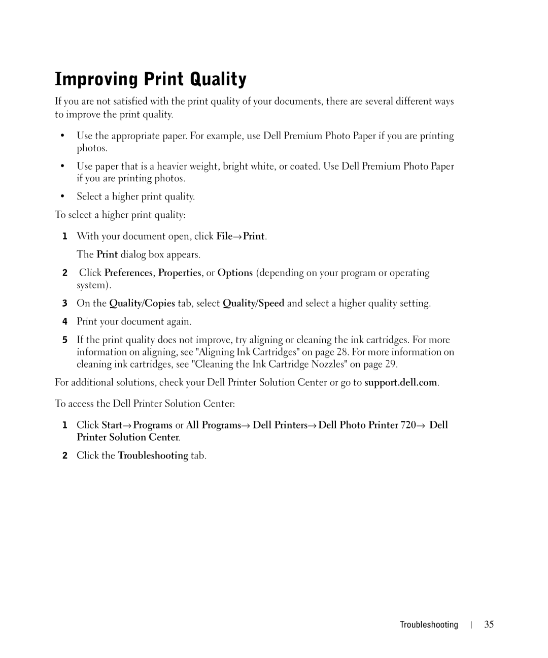 Dell 720 owner manual Improving Print Quality 