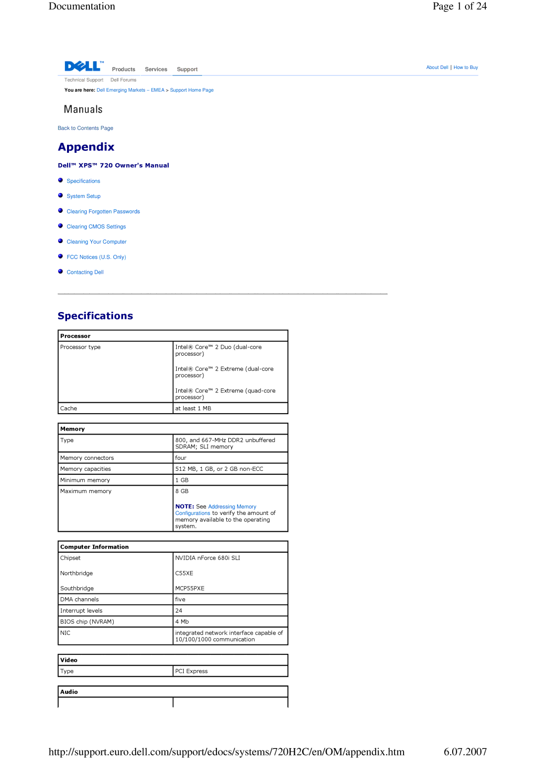 Dell 720 appendix Documentation, Specifications 