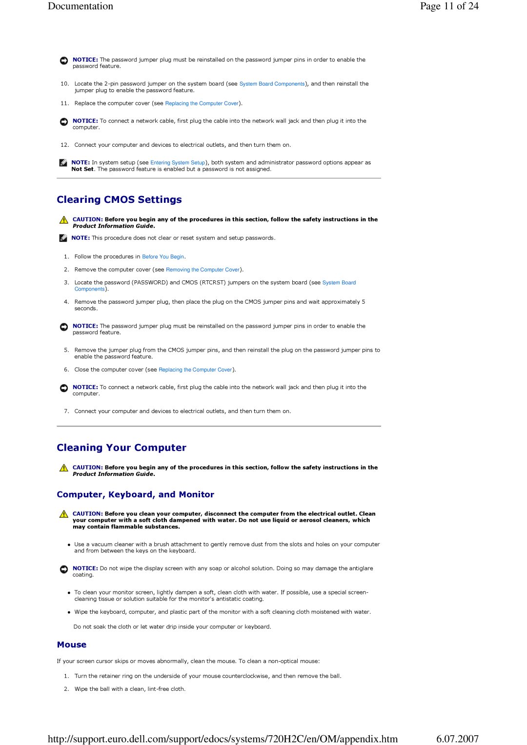 Dell 720 appendix Clearing Cmos Settings, Cleaning Your Computer, Computer, Keyboard, and Monitor, Mouse 