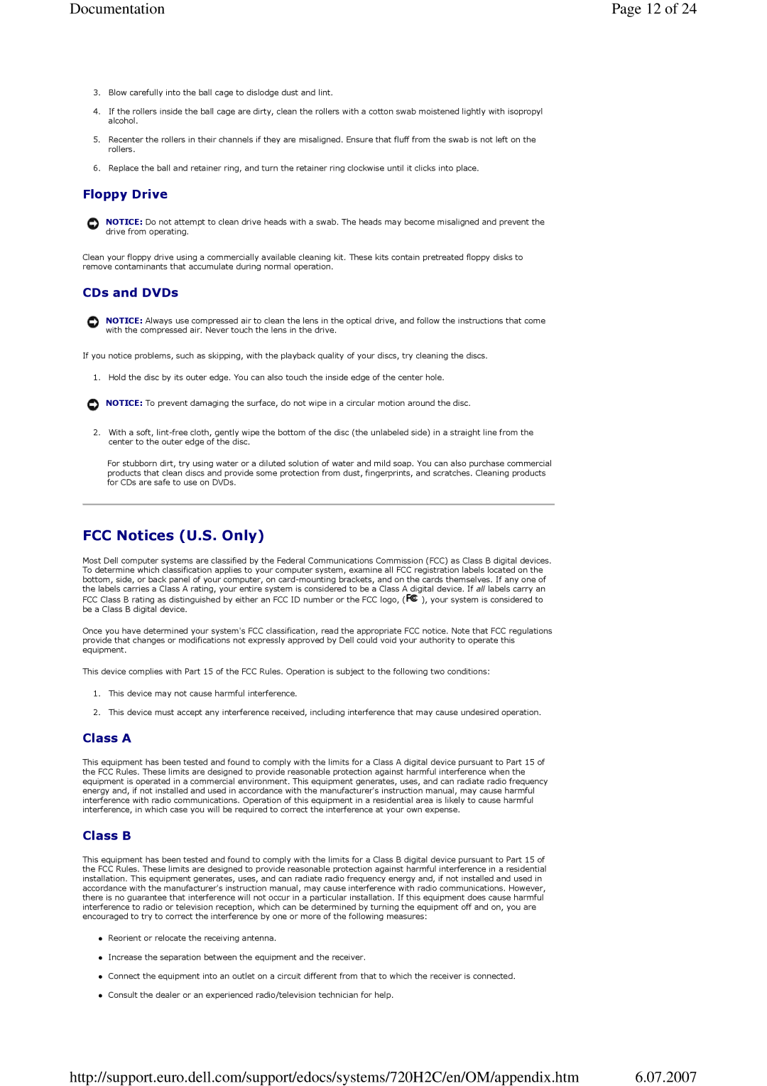 Dell 720 appendix FCC Notices U.S. Only, Floppy Drive, CDs and DVDs, Class a Class B 