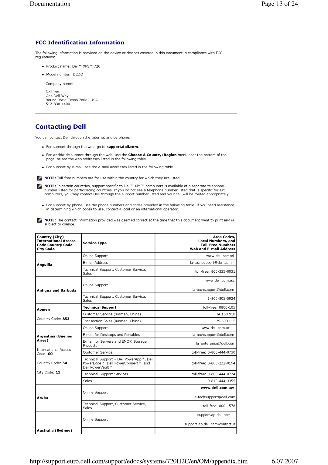 Dell 720 appendix Contacting Dell, FCC Identification Information 