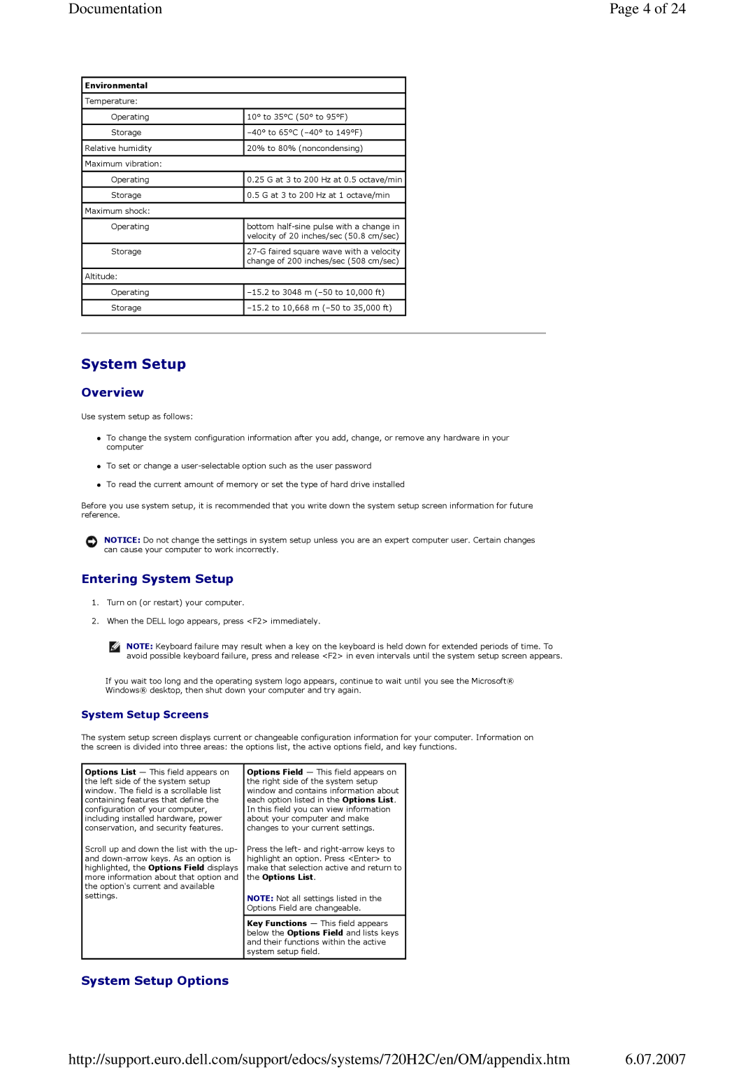 Dell 720 appendix Overview, Entering System Setup, System Setup Options 