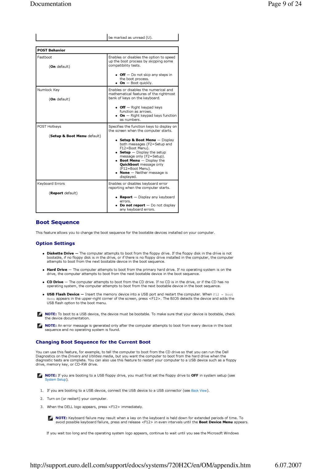 Dell 720 appendix Boot Sequence, Option Settings 