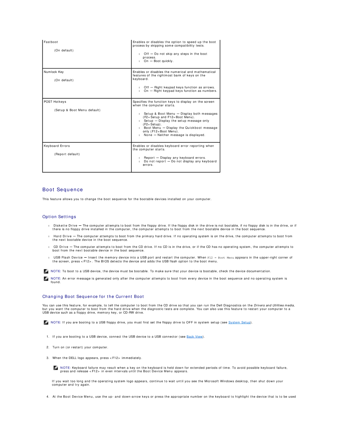 Dell 720H2C appendix Option Settings, Changing Boot Sequence for the Current Boot, Setup & Boot Menu default 