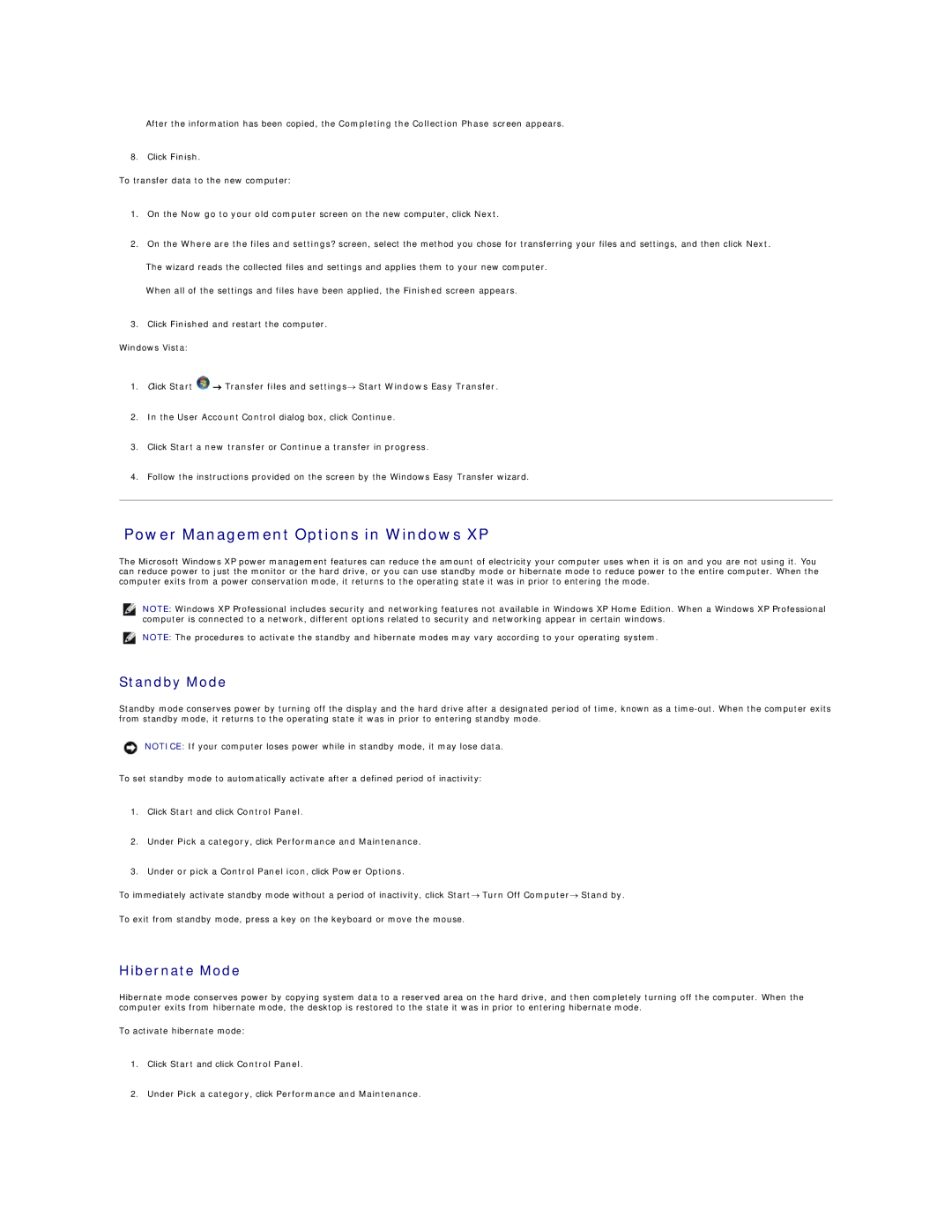 Dell 720H2C appendix Power Management Options in Windows XP, Standby Mode, Hibernate Mode 