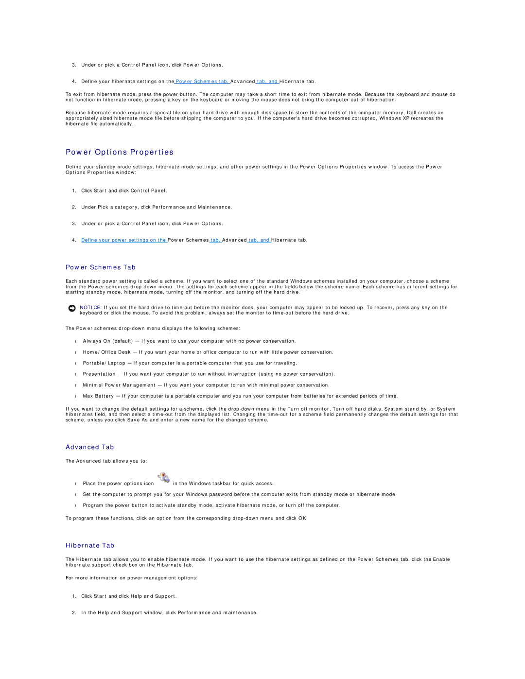 Dell 720H2C appendix Power Options Properties, Power Schemes Tab, Advanced Tab, Hibernate Tab 