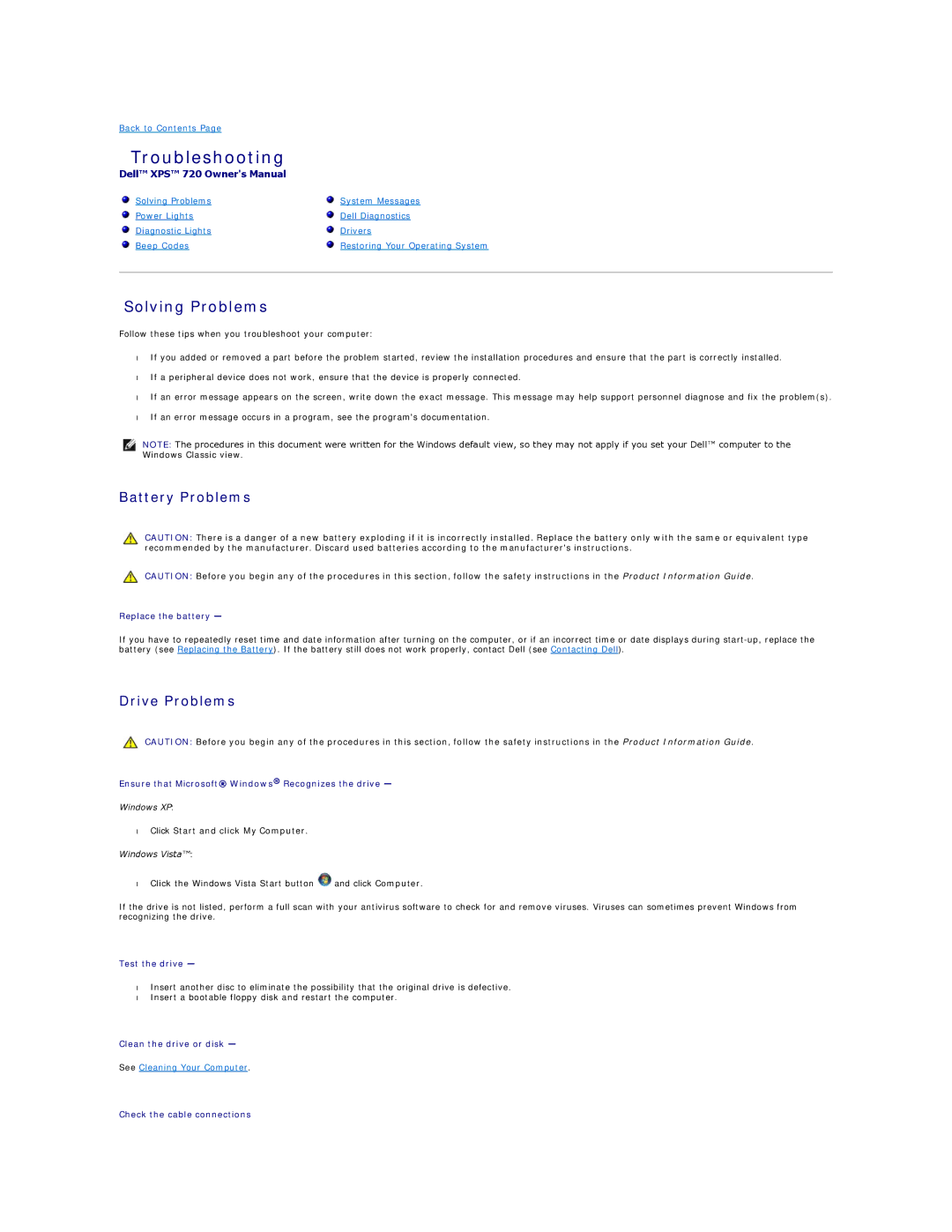 Dell 720H2C appendix Solving Problems, Battery Problems, Drive Problems, Click Start and click My Computer 