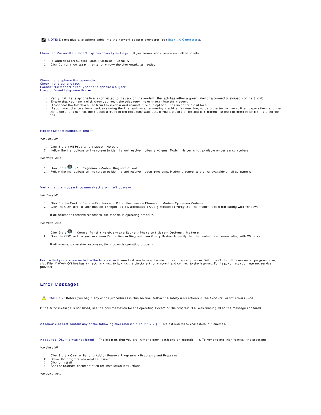 Dell 720H2C Error Messages, Click Start→ All Programs→ Modem Helper, Click Start → All Programs→ Modem Diagnostic Tool 