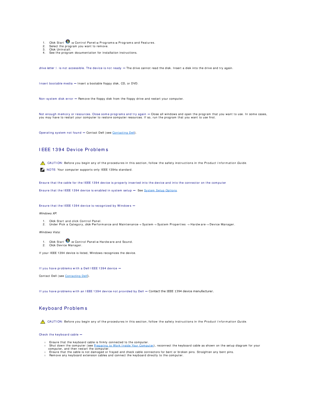 Dell 720H2C appendix Ieee 1394 Device Problems, Keyboard Problems 