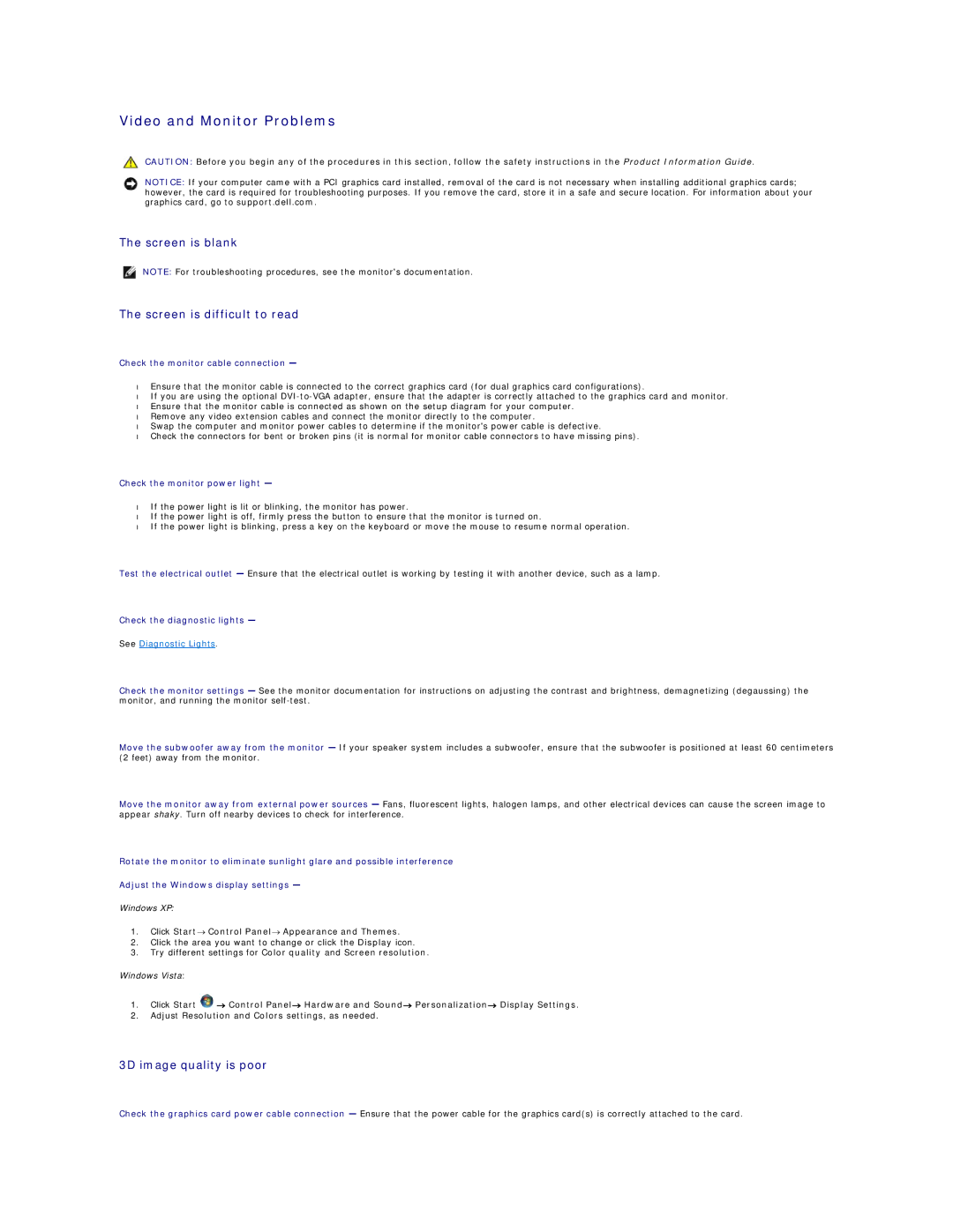 Dell 720H2C appendix Video and Monitor Problems, Screen is blank Screen is difficult to read, 3D image quality is poor 