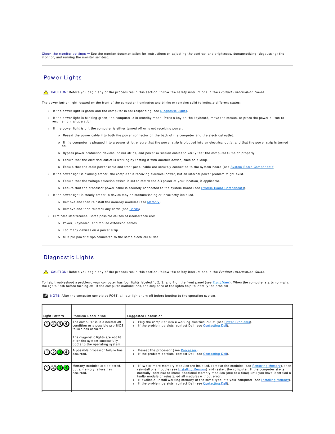 Dell 720H2C appendix Power Lights, Diagnostic Lights, Problem Description Suggested Resolution 