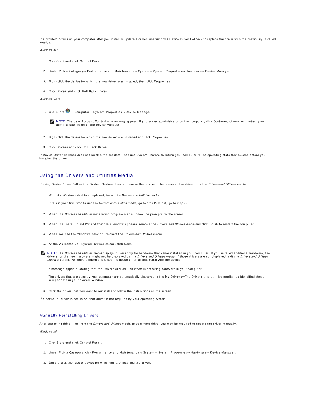 Dell 720H2C appendix Using the Drivers and Utilities Media, Manually Reinstalling Drivers 