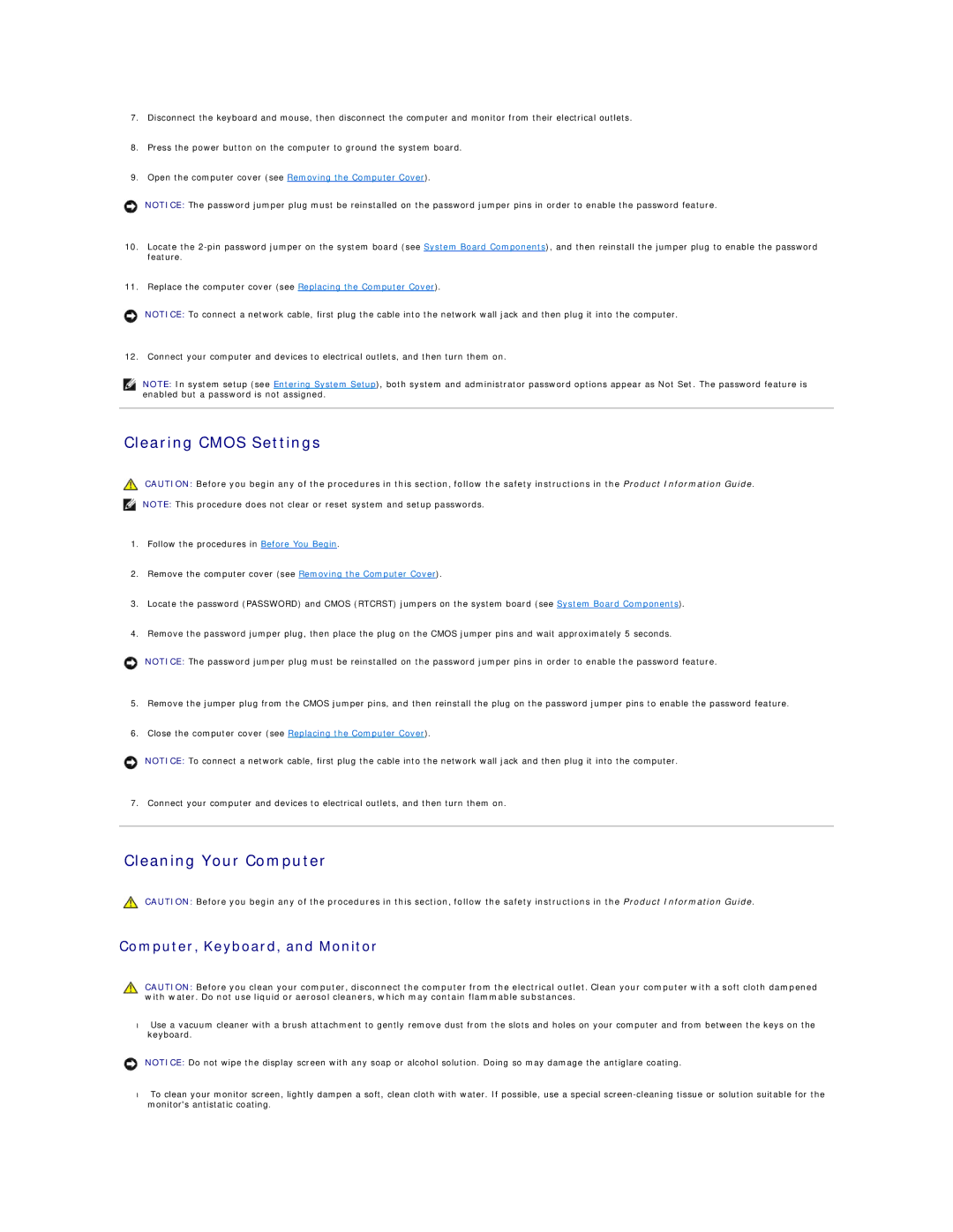 Dell 720H2C appendix Clearing Cmos Settings, Cleaning Your Computer, Computer, Keyboard, and Monitor 