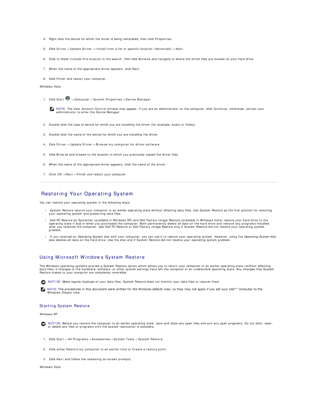 Dell 720H2C appendix Restoring Your Operating System, Using Microsoft Windows System Restore, Starting System Restore 