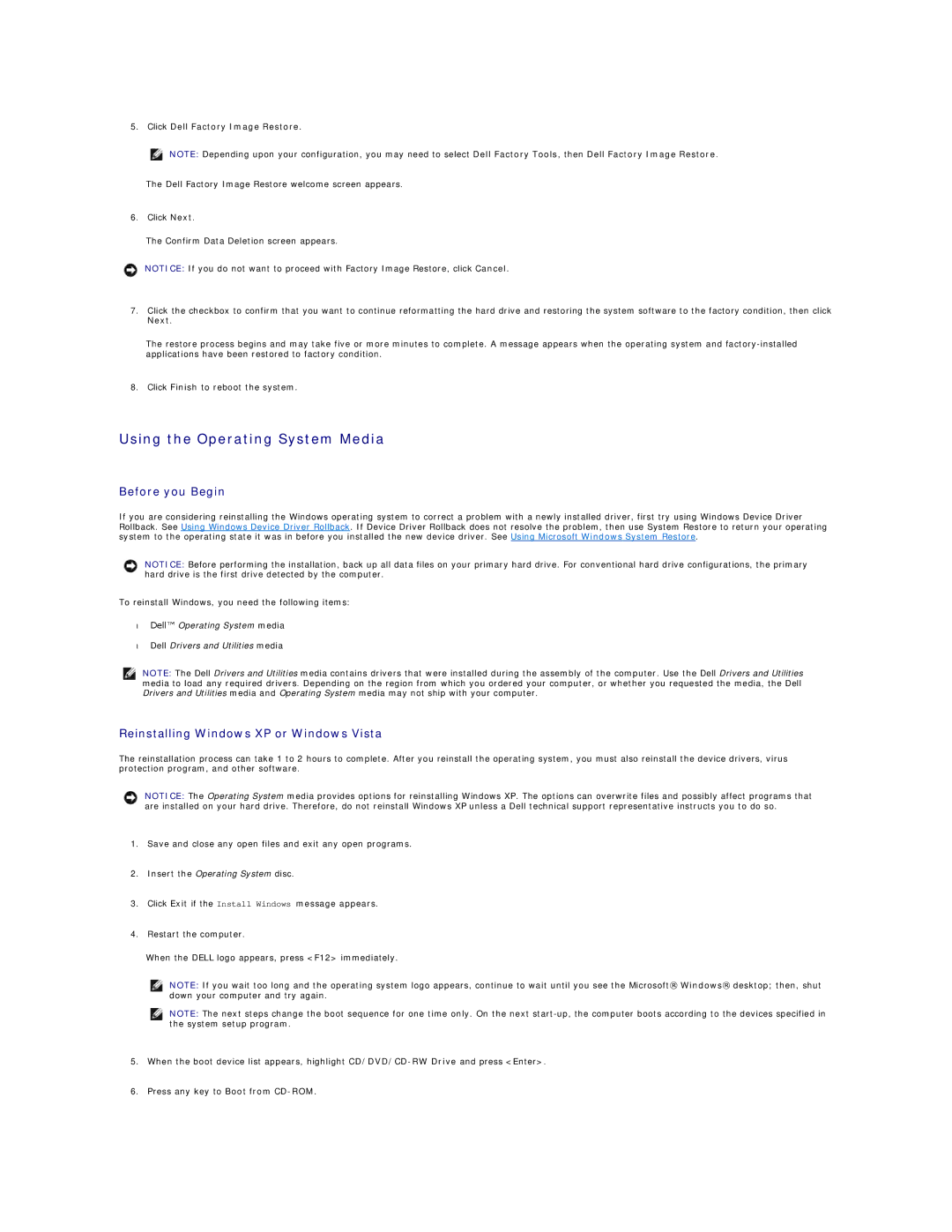 Dell 720H2C appendix Using the Operating System Media, Before you Begin, Reinstalling Windows XP or Windows Vista 