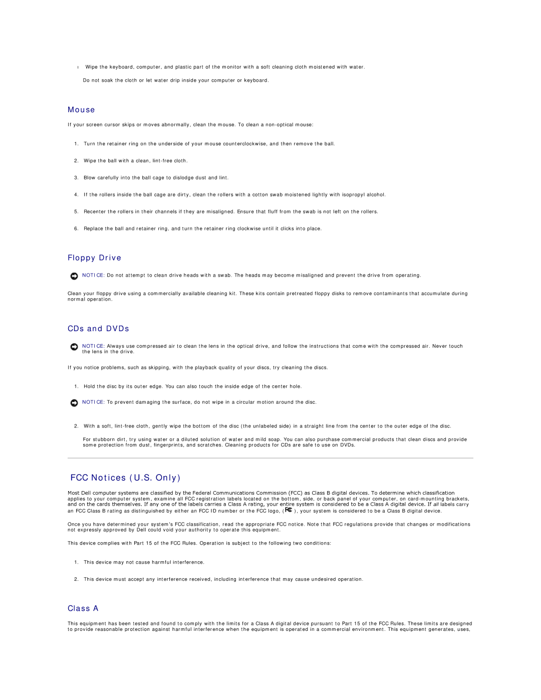 Dell 720H2C appendix FCC Notices U.S. Only, Mouse, Floppy Drive, CDs and DVDs, Class a 