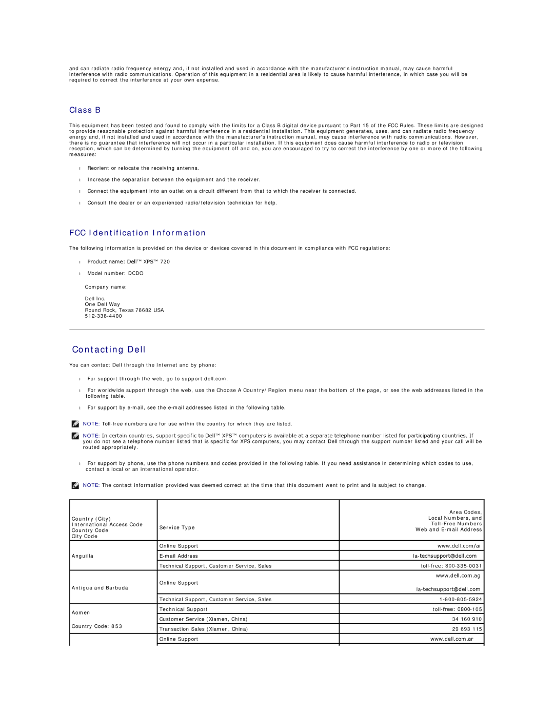 Dell 720H2C appendix Contacting Dell, Class B, FCC Identification Information 