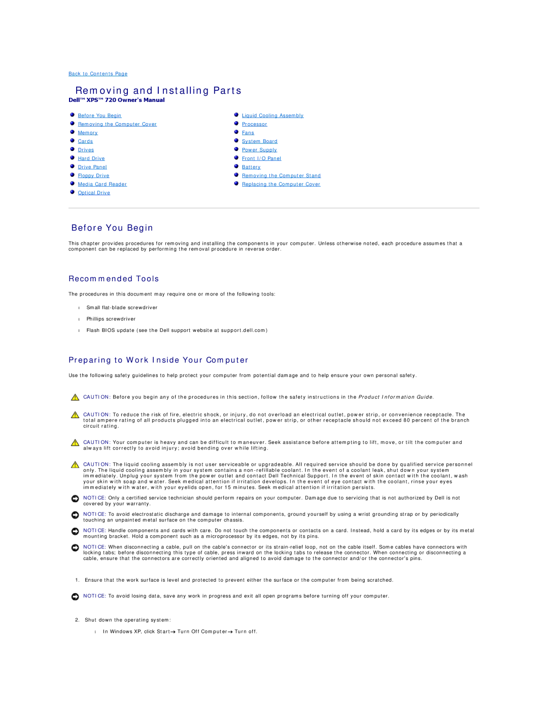 Dell 720H2C appendix Before You Begin, Recommended Tools, Preparing to Work Inside Your Computer 