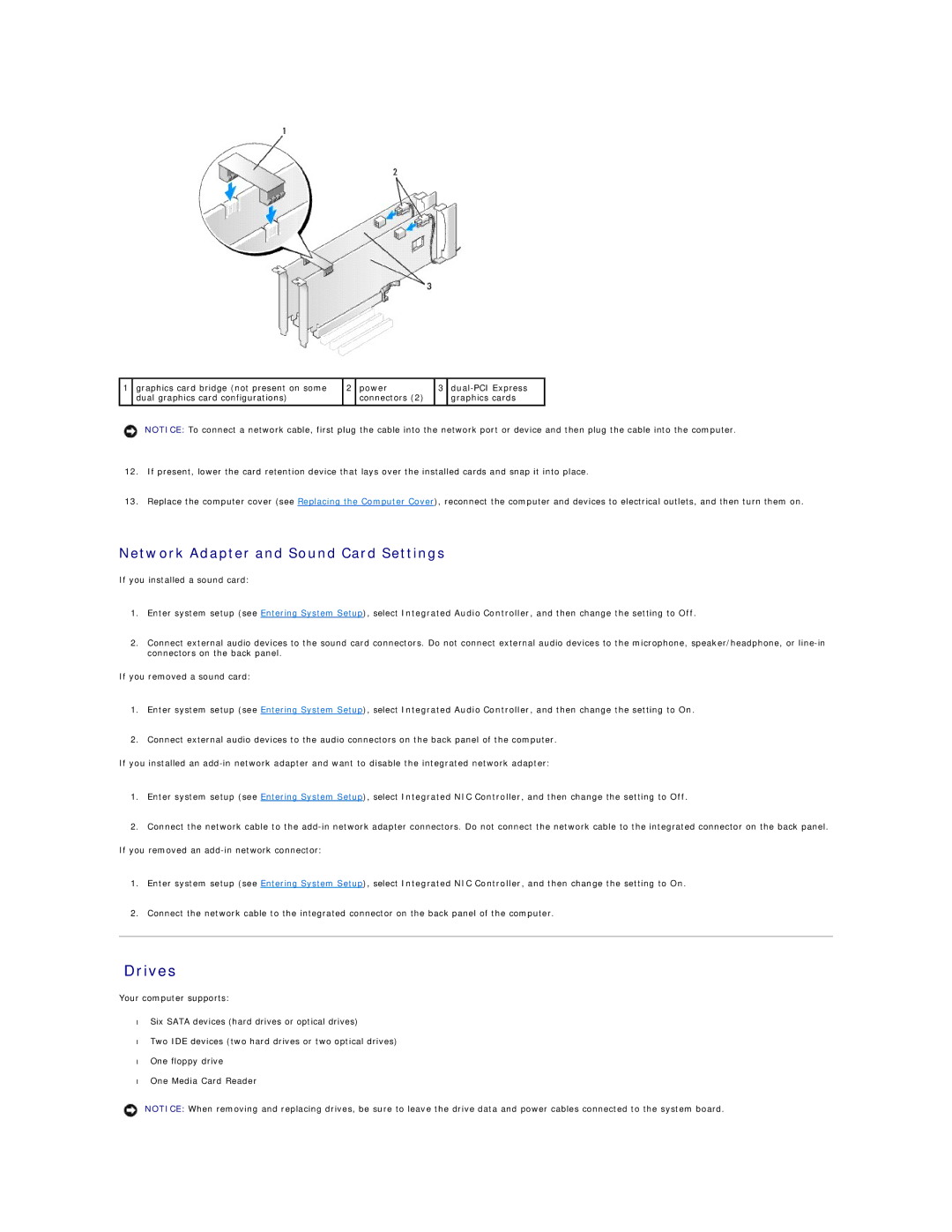 Dell 720H2C appendix Drives, Network Adapter and Sound Card Settings 