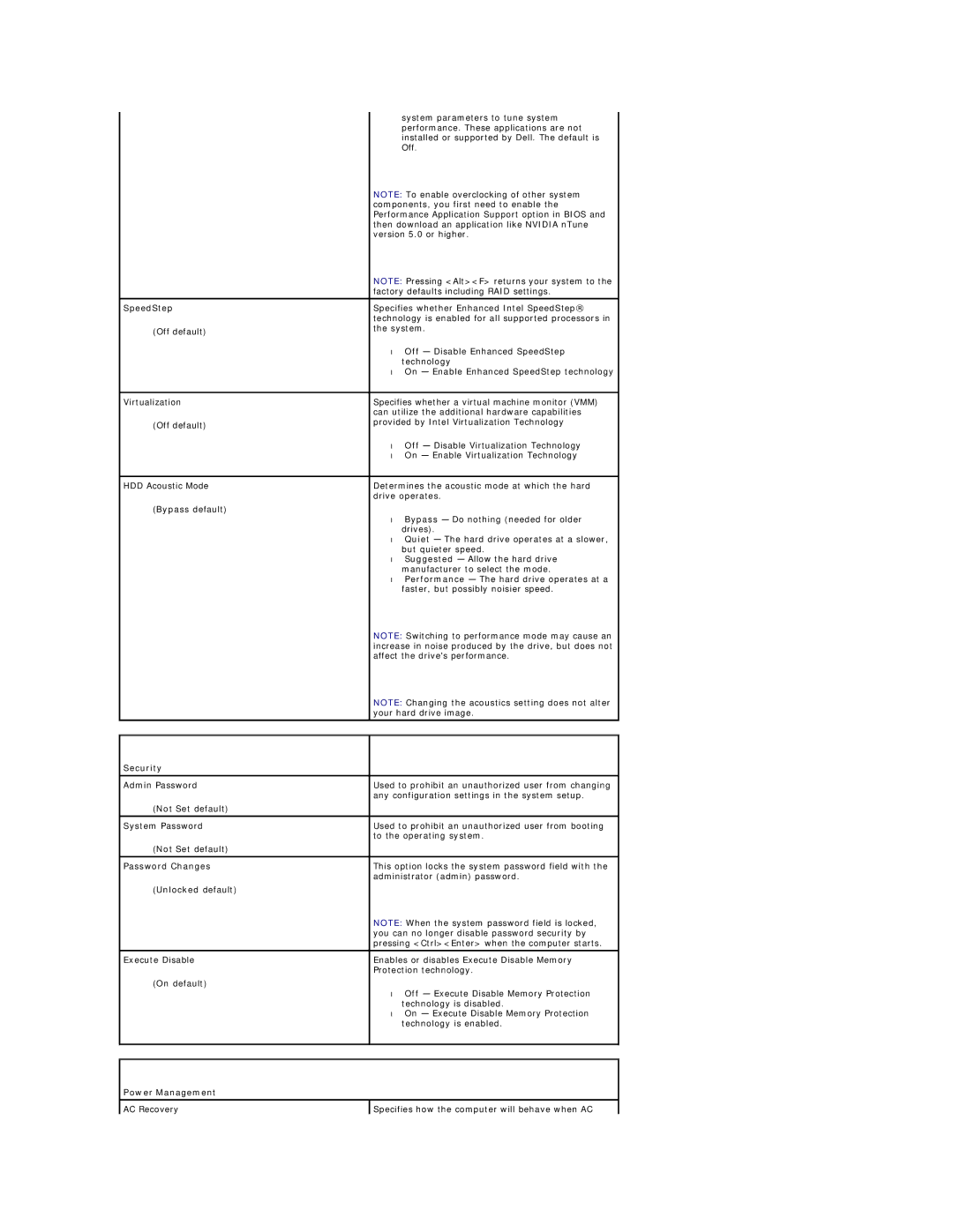 Dell 720H2C appendix Security, Power Management 