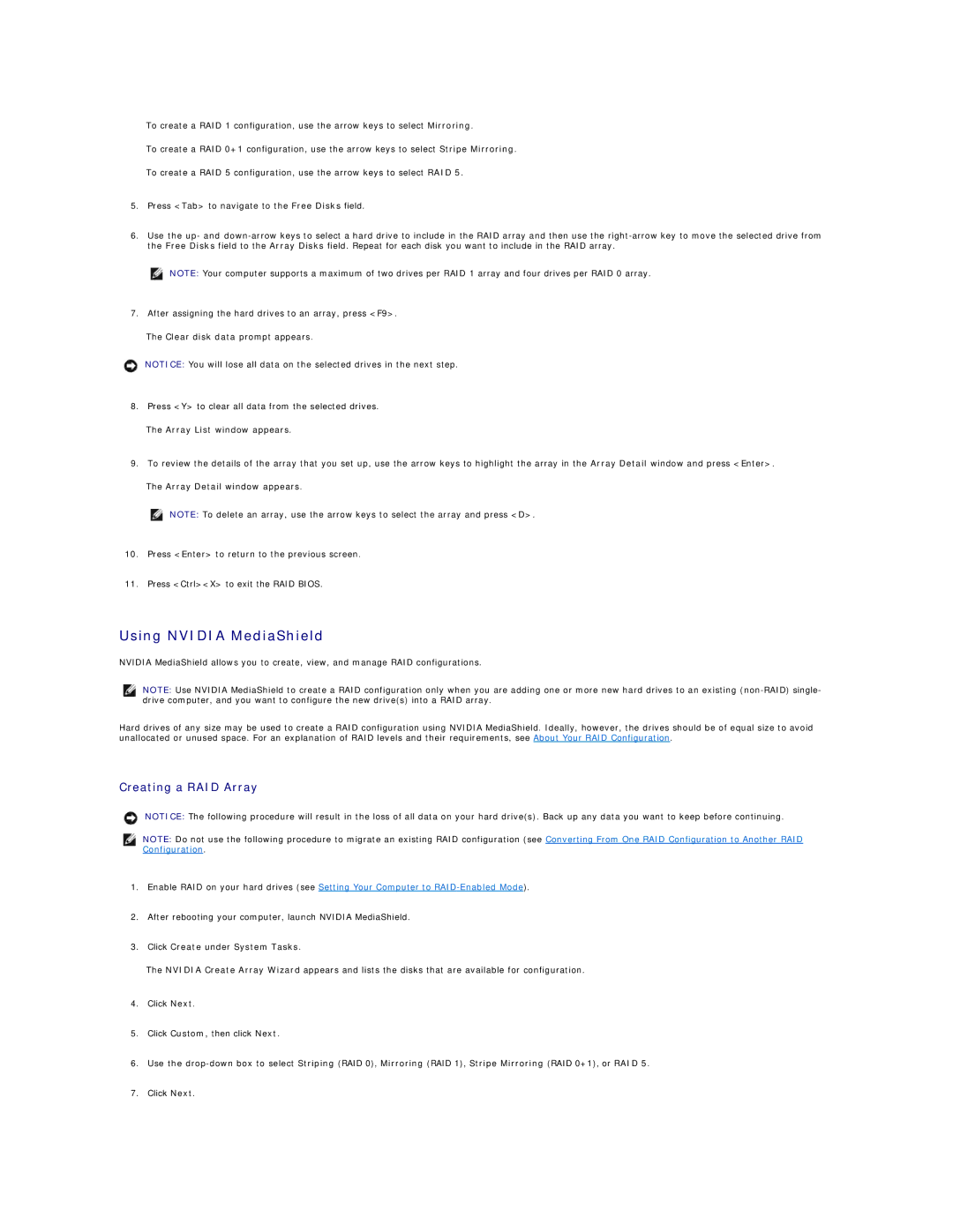 Dell 720H2C appendix Using Nvidia MediaShield, Creating a RAID Array, Click Create under System Tasks 