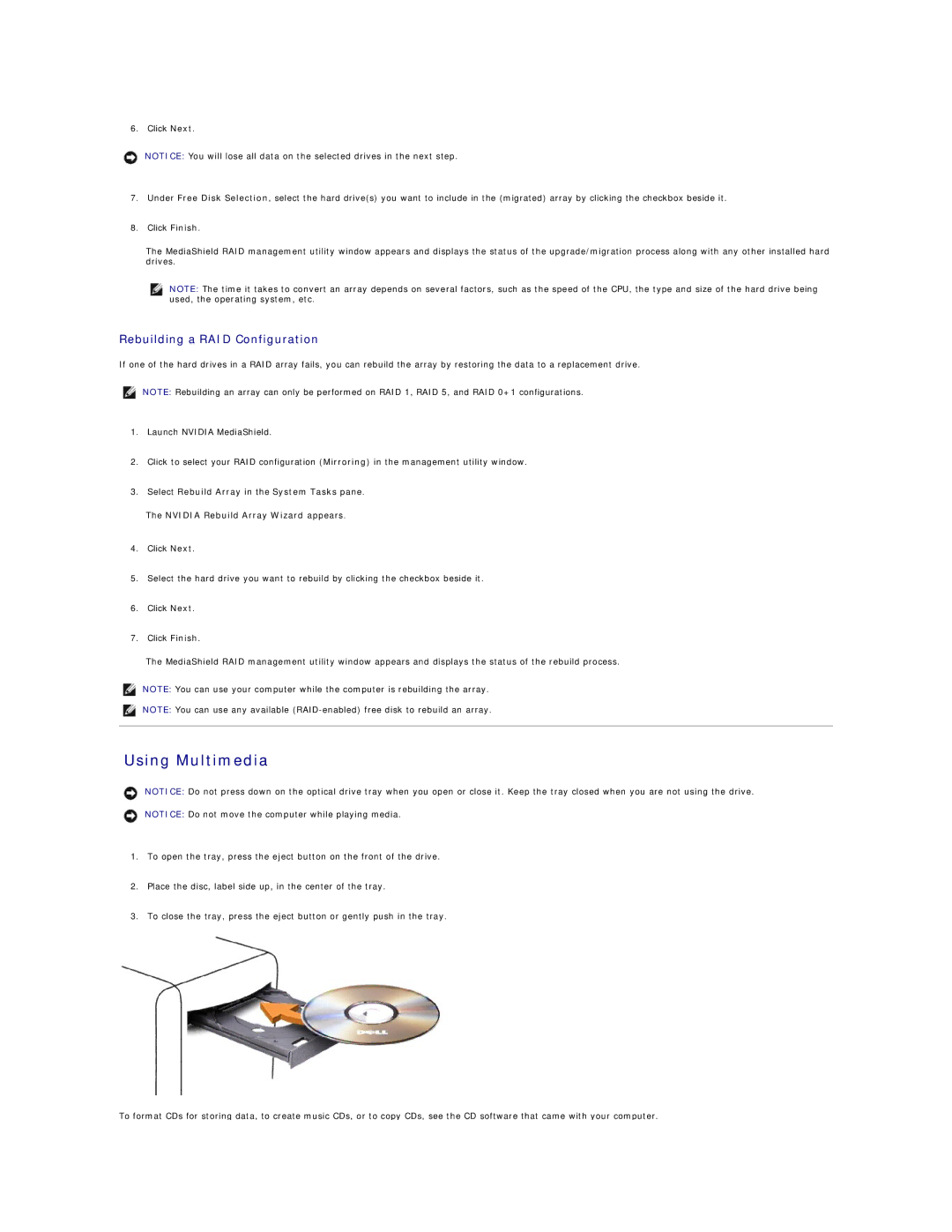 Dell 720H2C appendix Using Multimedia, Rebuilding a RAID Configuration 