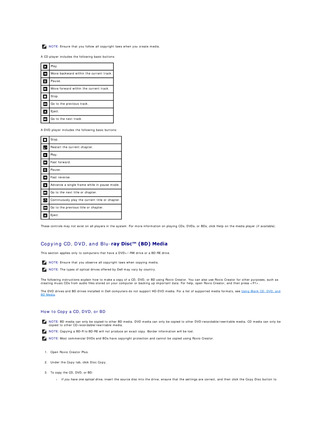 Dell 720H2C appendix Copying CD, DVD, and Blu-ray Disc BD Media, How to Copy a CD, DVD, or BD 