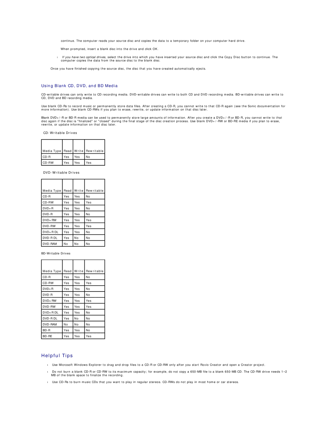 Dell 720H2C appendix Helpful Tips, Using Blank CD, DVD, and BD Media, Media Type Read Write Rewritable 