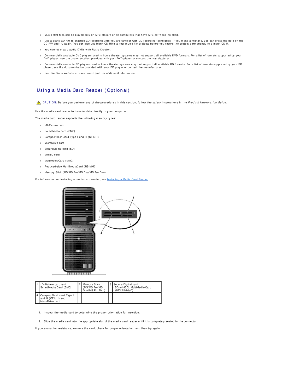 Dell 720H2C appendix Using a Media Card Reader Optional, Mmc/Rs-Mmc 