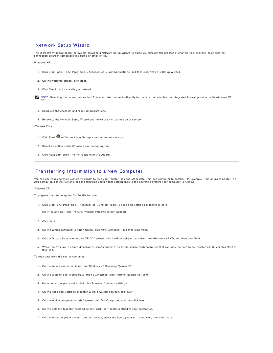 Dell 720H2C Network Setup Wizard, Transferring Information to a New Computer, Click Checklist for creating a network 