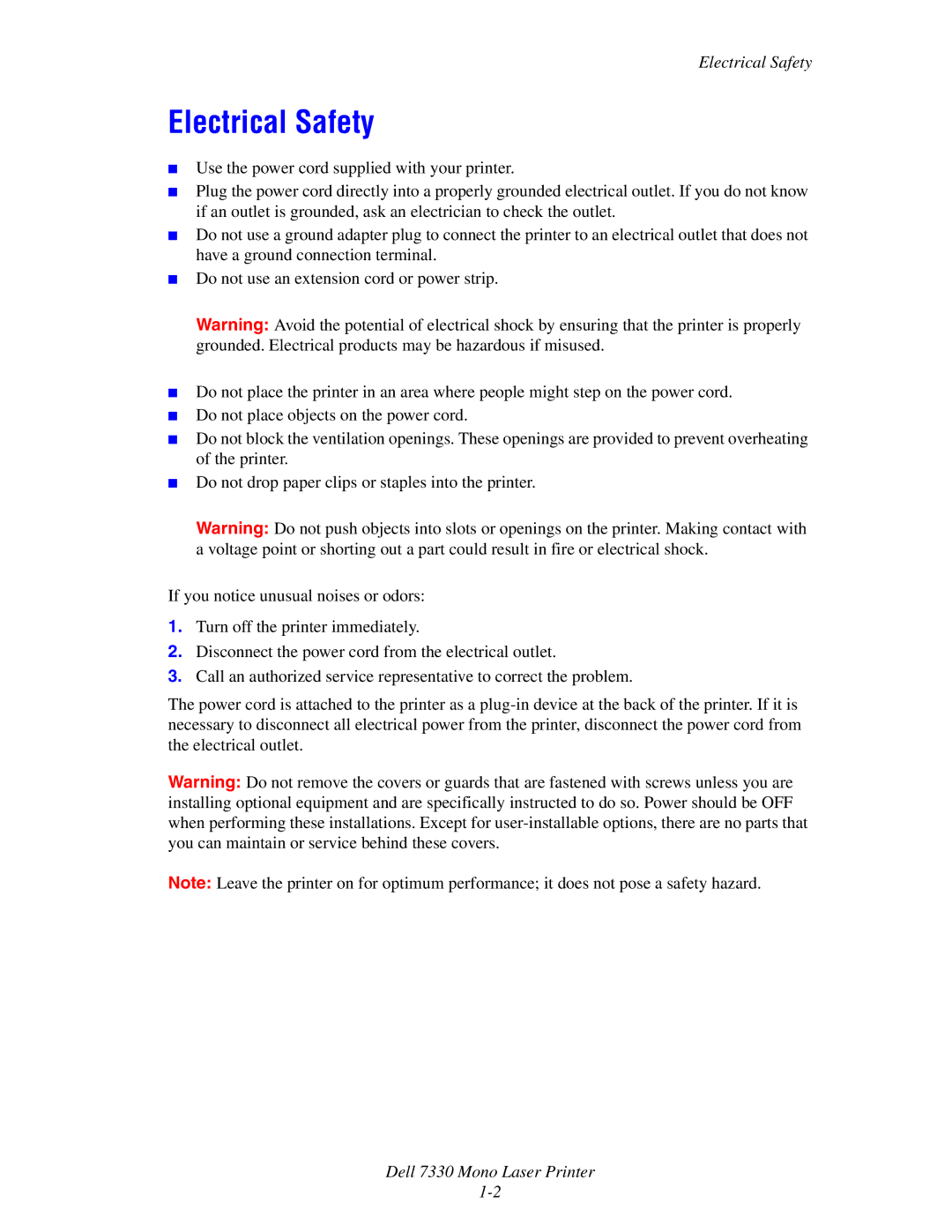 Dell 7330 manual Electrical Safety 