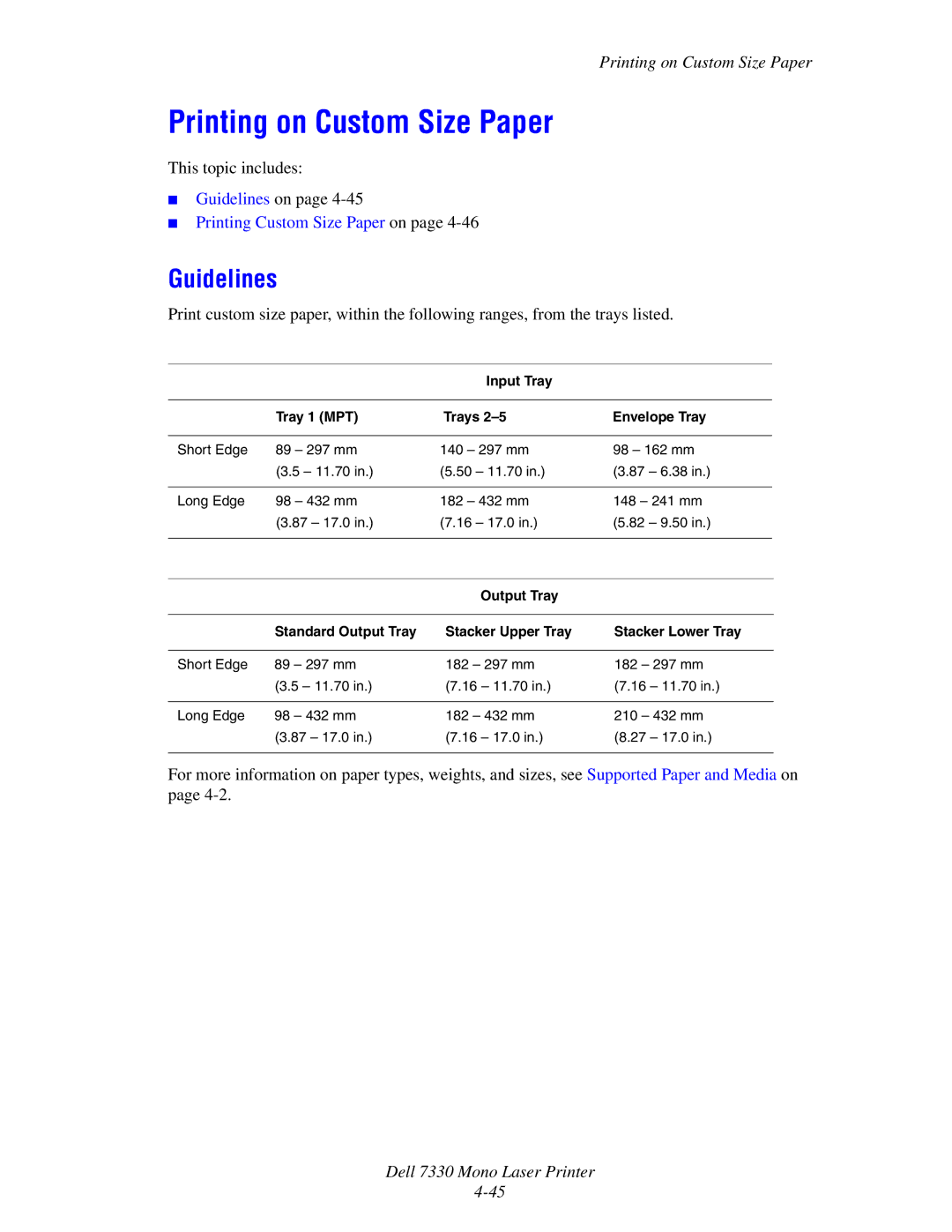 Dell 7330 manual Printing on Custom Size Paper, Guidelines 