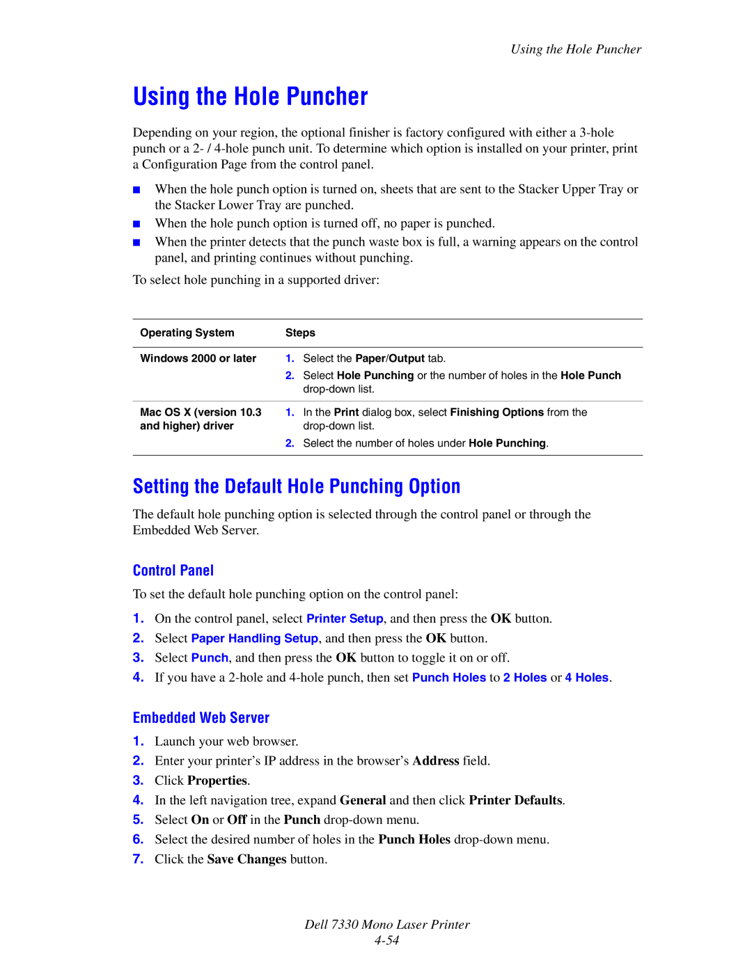 Dell 7330 manual Using the Hole Puncher, Setting the Default Hole Punching Option, Control Panel, Embedded Web Server 