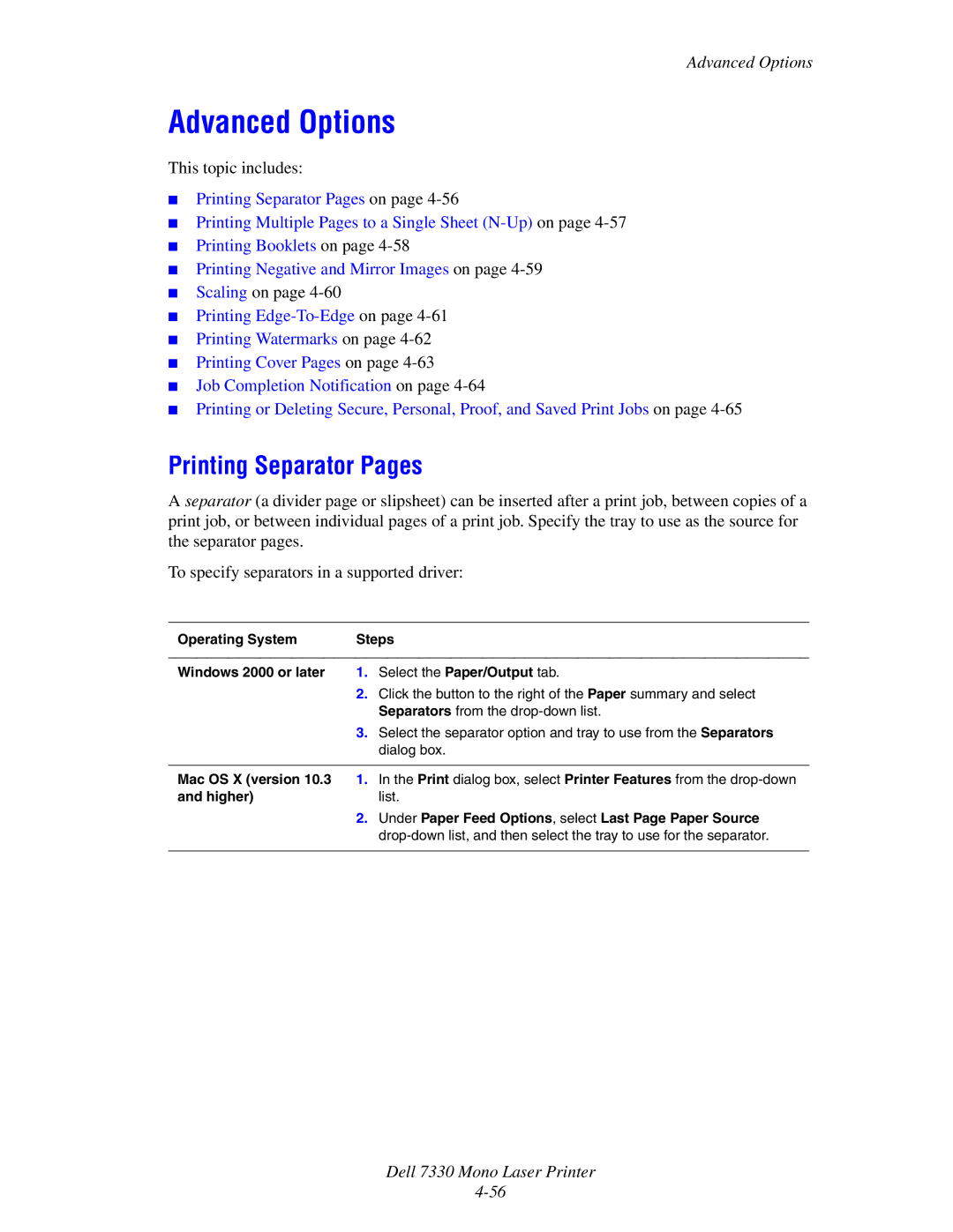 Dell 7330 manual Advanced Options, Printing Separator Pages 