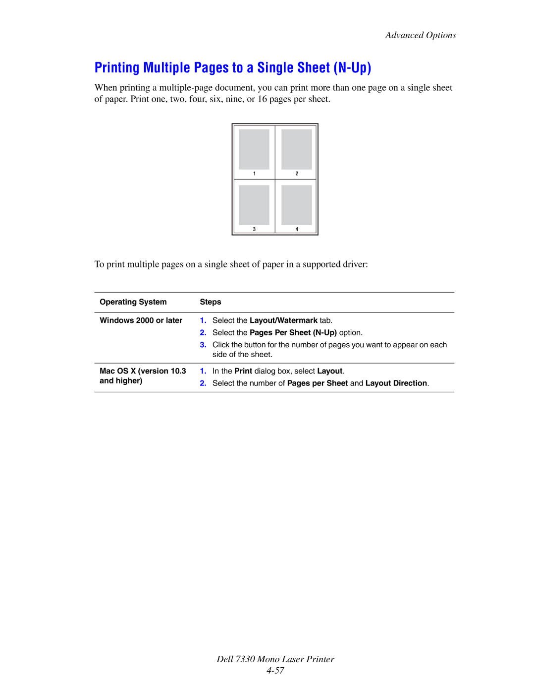 Dell 7330 manual Printing Multiple Pages to a Single Sheet N-Up 