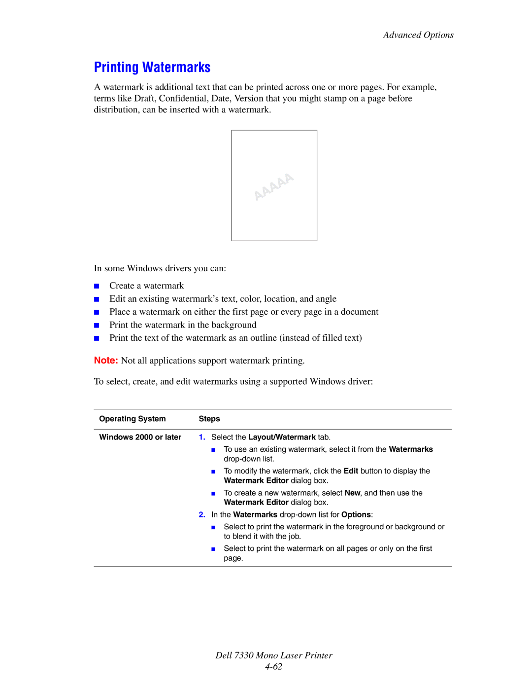 Dell 7330 manual Printing Watermarks 