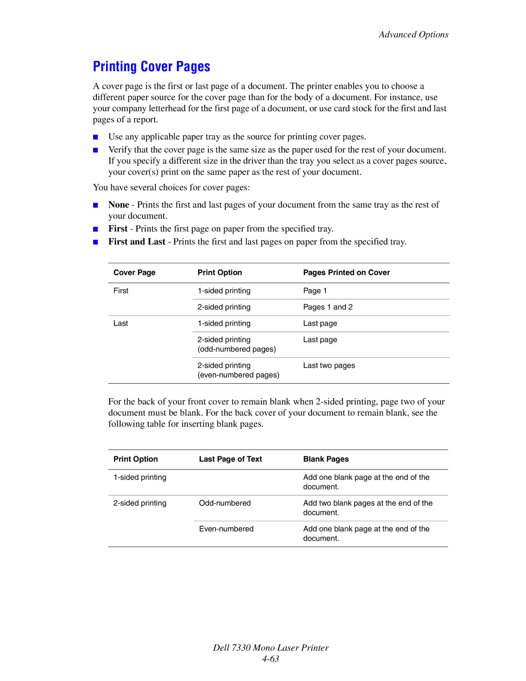 Dell 7330 manual Printing Cover Pages, Print Option Last Page of Text Blank Pages 