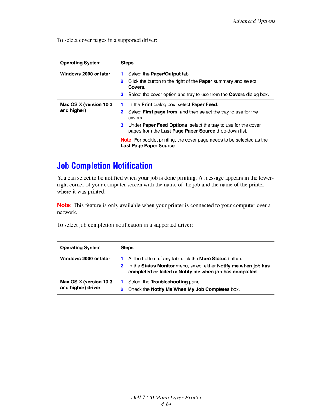 Dell 7330 manual Job Completion Notification, To select cover pages in a supported driver 