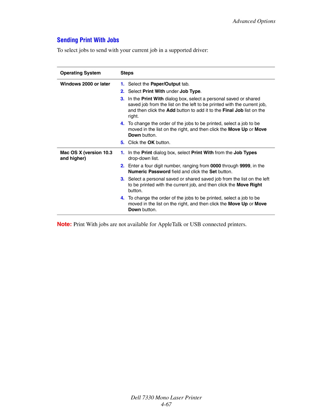 Dell 7330 manual Sending Print With Jobs, Select Print With under Job Type 